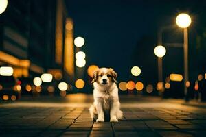 een hond zittend Aan de straat Bij nacht. ai-gegenereerd foto