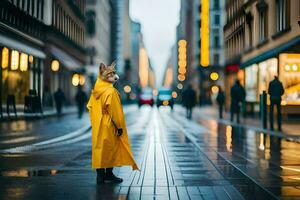 vos in geel regenjas Aan regenachtig straat. ai-gegenereerd foto