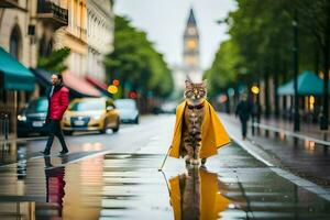 een kat in een regenjas wandelen naar beneden een straat. ai-gegenereerd foto