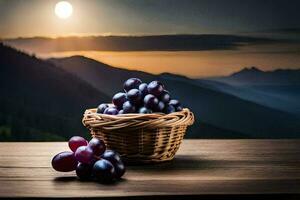 druiven in een mand Aan een houten tafel met bergen in de achtergrond. ai-gegenereerd foto