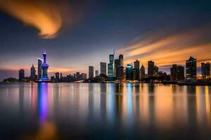 de horizon van Shanghai Bij nacht. ai-gegenereerd foto