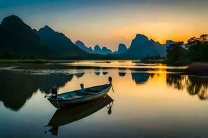een boot zit Aan de water Bij zonsondergang in een berg bereik. ai-gegenereerd foto