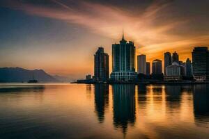 de stad horizon Bij zonsondergang in dubai. ai-gegenereerd foto