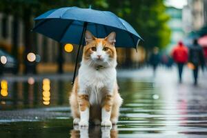 een kat is staand in de regen met een paraplu. ai-gegenereerd foto