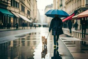 een vrouw wandelen haar hond in de regen met een paraplu. ai-gegenereerd foto