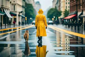 een vrouw in een geel regenjas wandelen haar hond Aan een nat straat. ai-gegenereerd foto