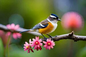 een klein vogel is zittend Aan een Afdeling met roze bloemen. ai-gegenereerd foto