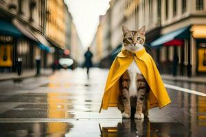 een kat vervelend een geel regenjas Aan een regenachtig dag. ai-gegenereerd foto