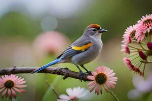 een vogel zit Aan een Afdeling met roze bloemen. ai-gegenereerd foto