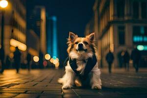 een hond zittend Aan de straat Bij nacht. ai-gegenereerd foto