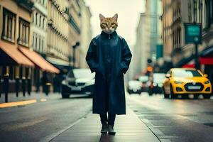 een kat vervelend een masker Aan de straat. ai-gegenereerd foto