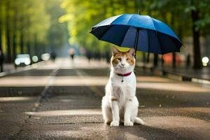 een kat zittend onder een paraplu in de regen. ai-gegenereerd foto