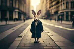 een konijn vervelend een jas en stropdas staand Aan een straat. ai-gegenereerd foto