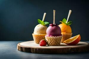 drie ijs room cups met fruit en munt Aan een houten bord. ai-gegenereerd foto