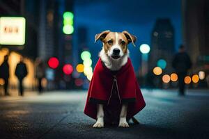 een hond vervelend een rood kaap Aan de straat Bij nacht. ai-gegenereerd foto