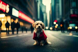 een hond vervelend een rood jasje zittend Aan de straat. ai-gegenereerd foto