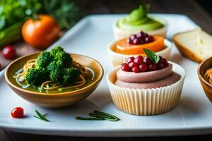 een bord met cupcakes, broccoli en andere voedsel. ai-gegenereerd foto