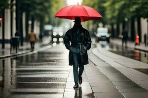 een Mens wandelen naar beneden een straat met een paraplu. ai-gegenereerd foto