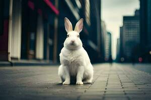 een wit konijn zittend Aan de straat in voorkant van hoog gebouwen. ai-gegenereerd foto