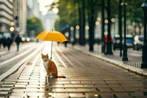 een kat is staand Aan een straat met een paraplu. ai-gegenereerd foto