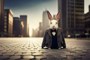 een konijn vervelend een pak en stropdas staand Aan een straat. ai-gegenereerd foto