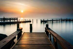 een houten pier over- de water Bij zonsondergang. ai-gegenereerd foto