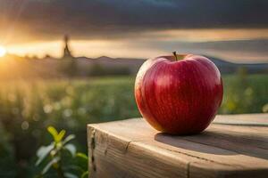 een appel zit Aan een houten tafel in voorkant van een zonsondergang. ai-gegenereerd foto