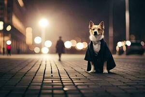 een hond gekleed in een smoking staand Aan een straat Bij nacht. ai-gegenereerd foto