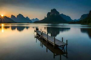 de zon stijgt over- een meer en bergen in China. ai-gegenereerd foto