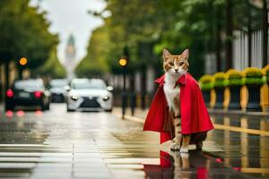 een kat vervelend een rood kaap Aan een regenachtig dag. ai-gegenereerd foto