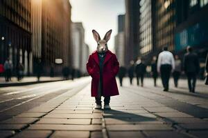 een konijn vervelend een rood jas en staand in de midden- van een stad straat. ai-gegenereerd foto