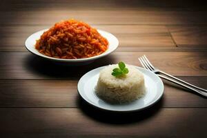 rijst- en tomaat saus Aan een bord. ai-gegenereerd foto