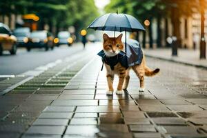 een kat wandelen Aan een straat met een paraplu. ai-gegenereerd foto