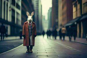 een konijn vervelend een pak en stropdas in de midden- van een stad straat. ai-gegenereerd foto