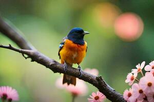 een kleurrijk vogel zit Aan een Afdeling met roze bloemen. ai-gegenereerd foto