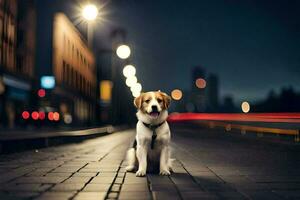 een hond zittend Aan de straat Bij nacht. ai-gegenereerd foto