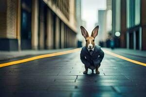 een konijn in een pak staand Aan een straat. ai-gegenereerd foto