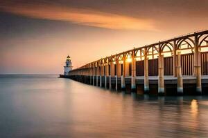 een vuurtoren staat Aan de pier Bij zonsondergang. ai-gegenereerd foto