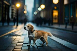 een hond staand Aan een straat Bij nacht. ai-gegenereerd foto