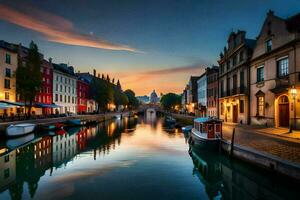 een kanaal in Europa Bij zonsondergang. ai-gegenereerd foto