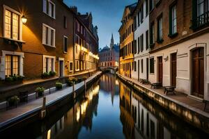 een kanaal in een stad Bij nacht. ai-gegenereerd foto