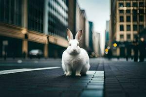 wit konijn Aan de straat. ai-gegenereerd foto