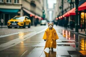 een kat in een regenjas wandelen naar beneden een stad straat. ai-gegenereerd foto