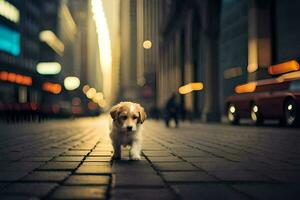 een hond wandelen naar beneden een stad straat Bij nacht. ai-gegenereerd foto