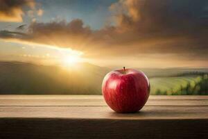 een appel zit Aan een houten tafel in voorkant van een zonsondergang. ai-gegenereerd foto