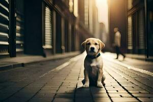 een hond zittend Aan de straat in een stad. ai-gegenereerd foto