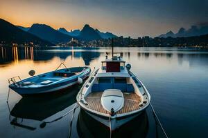 twee boten aangemeerd in de water Bij zonsondergang. ai-gegenereerd foto