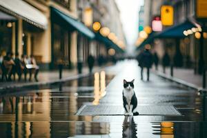 een kat wandelen Aan een nat straat in de stad. ai-gegenereerd foto