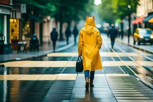 een persoon wandelen naar beneden een straat in een geel regenjas. ai-gegenereerd foto