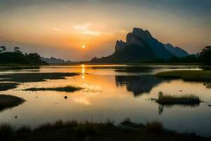 de zon stijgt over- een berg reeks in Thailand. ai-gegenereerd foto